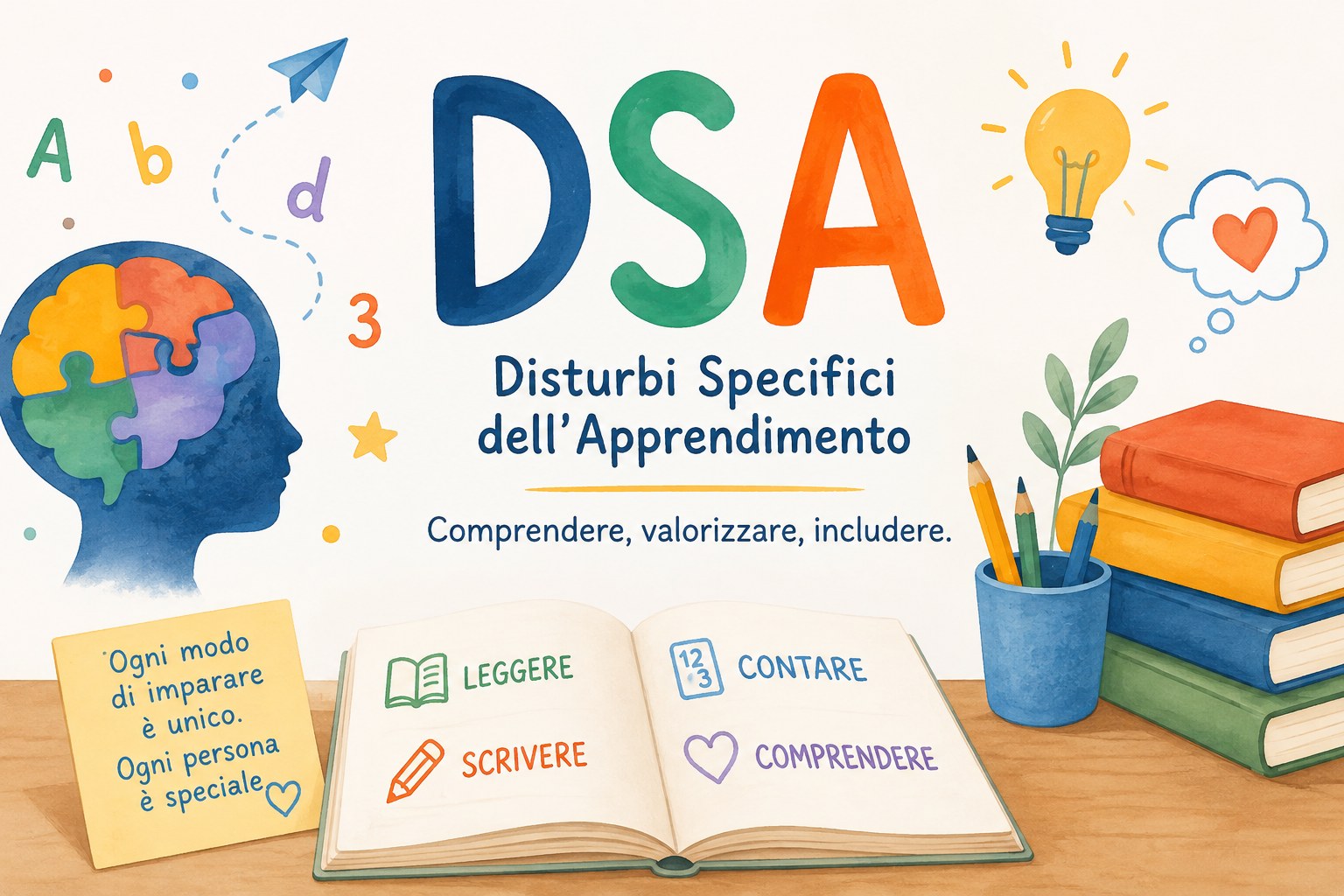 Illustrazione DSA - Disturbi Specifici dell'Apprendimento: comprendere, valorizzare, includere, con icone di lettura, scrittura, calcolo e comprensione