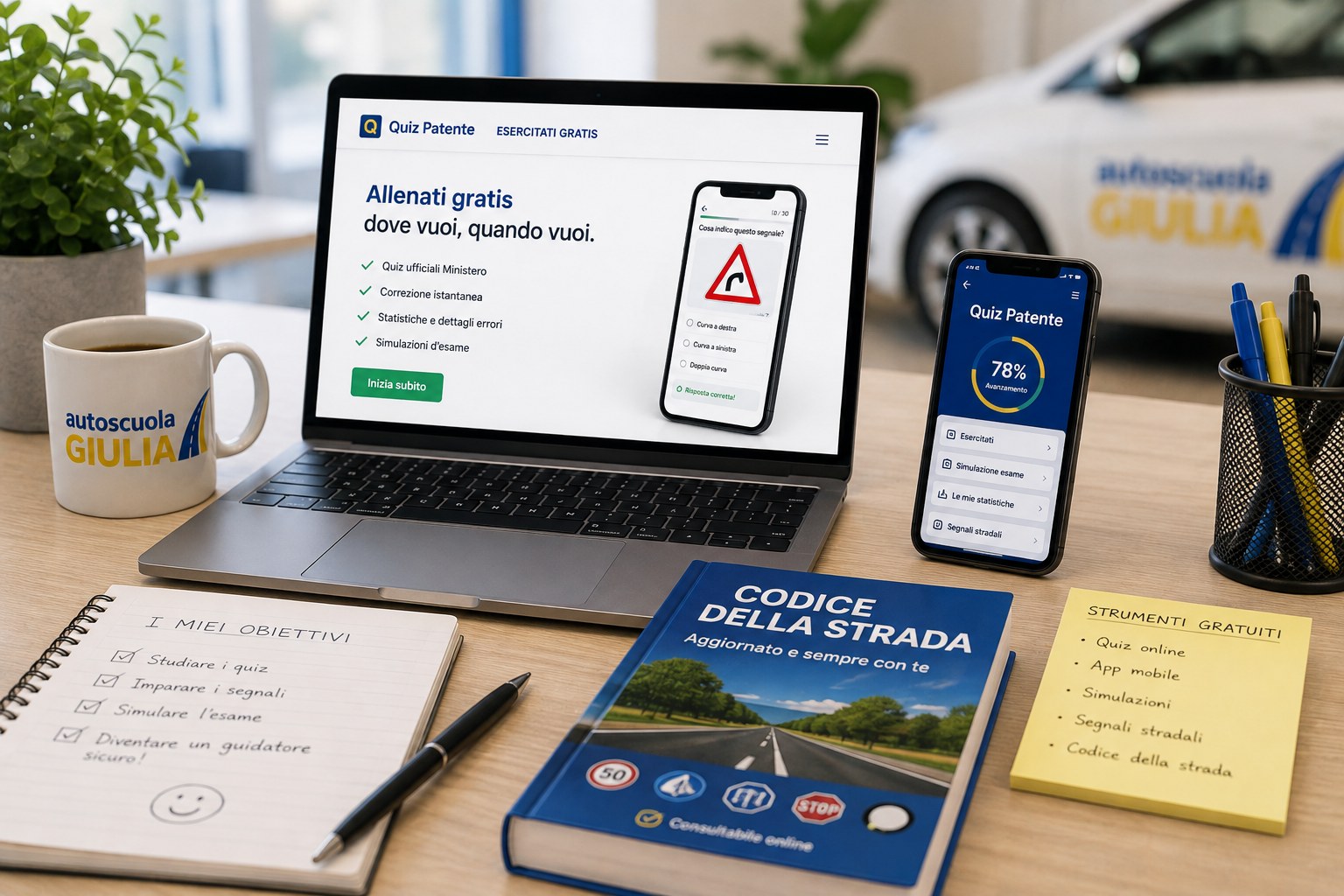 Strumenti gratuiti di Autoscuola Giulia su laptop e smartphone: quiz online, simulazioni d'esame, segnali stradali e codice della strada