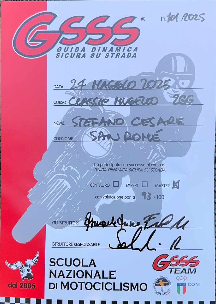 Attestato GSSS Classic Mugello di Stefano, livello Master, valutazione 93/100