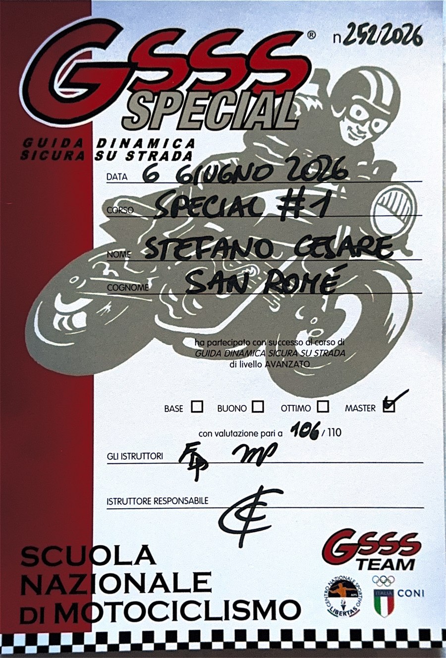 Attestato GSSS Special di Stefano a Sansepolcro, livello Master, valutazione 106/110