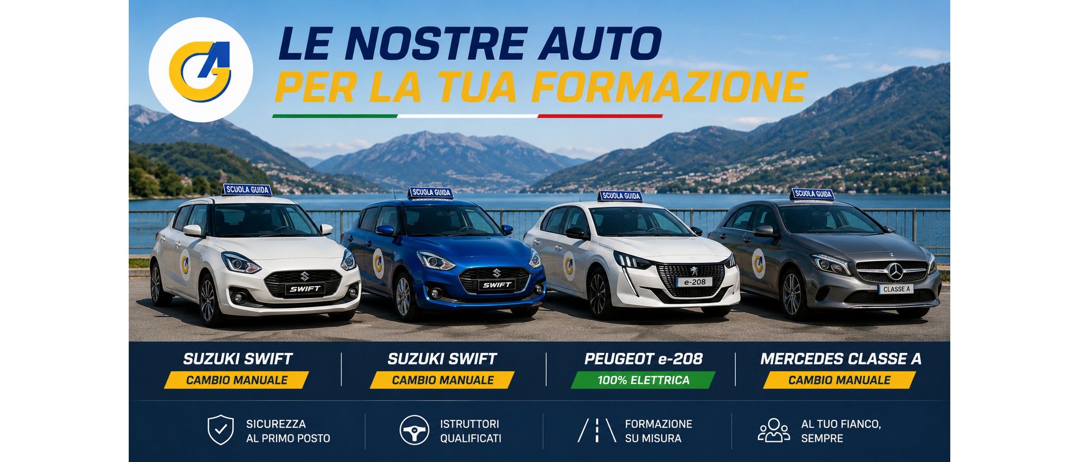 Le auto di Autoscuola Giulia per la formazione alla patente B: Suzuki Swift, Peugeot e-208 elettrica, Mercedes Classe A