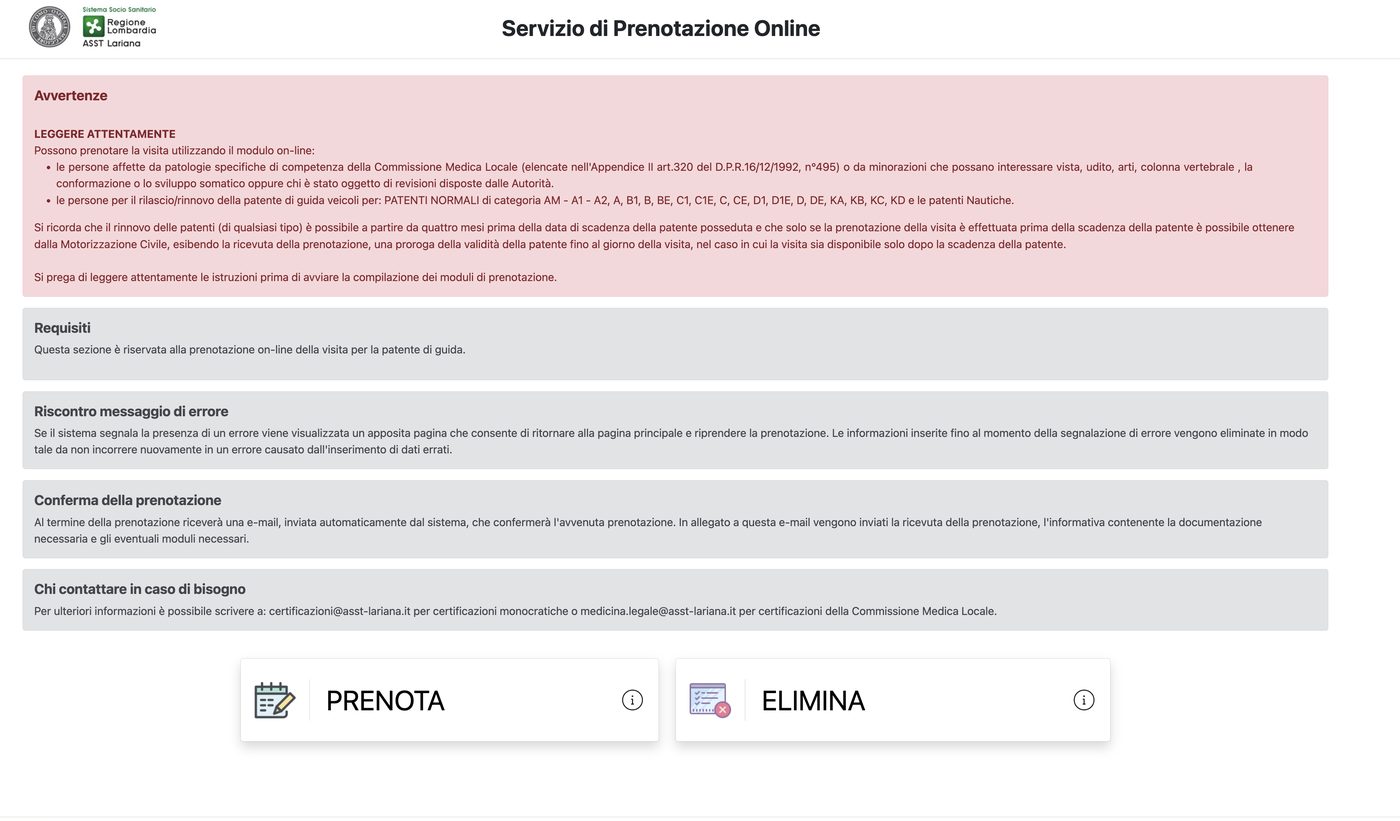 Pagina iniziale del portale di prenotazione ASST Lariana con avvertenze e pulsanti Prenota / Elimina