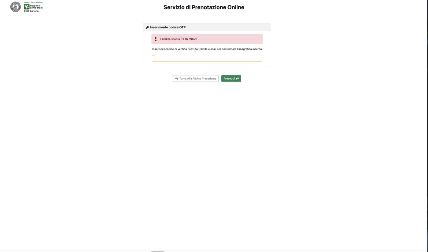 Schermata di inserimento del codice OTP ricevuto via email