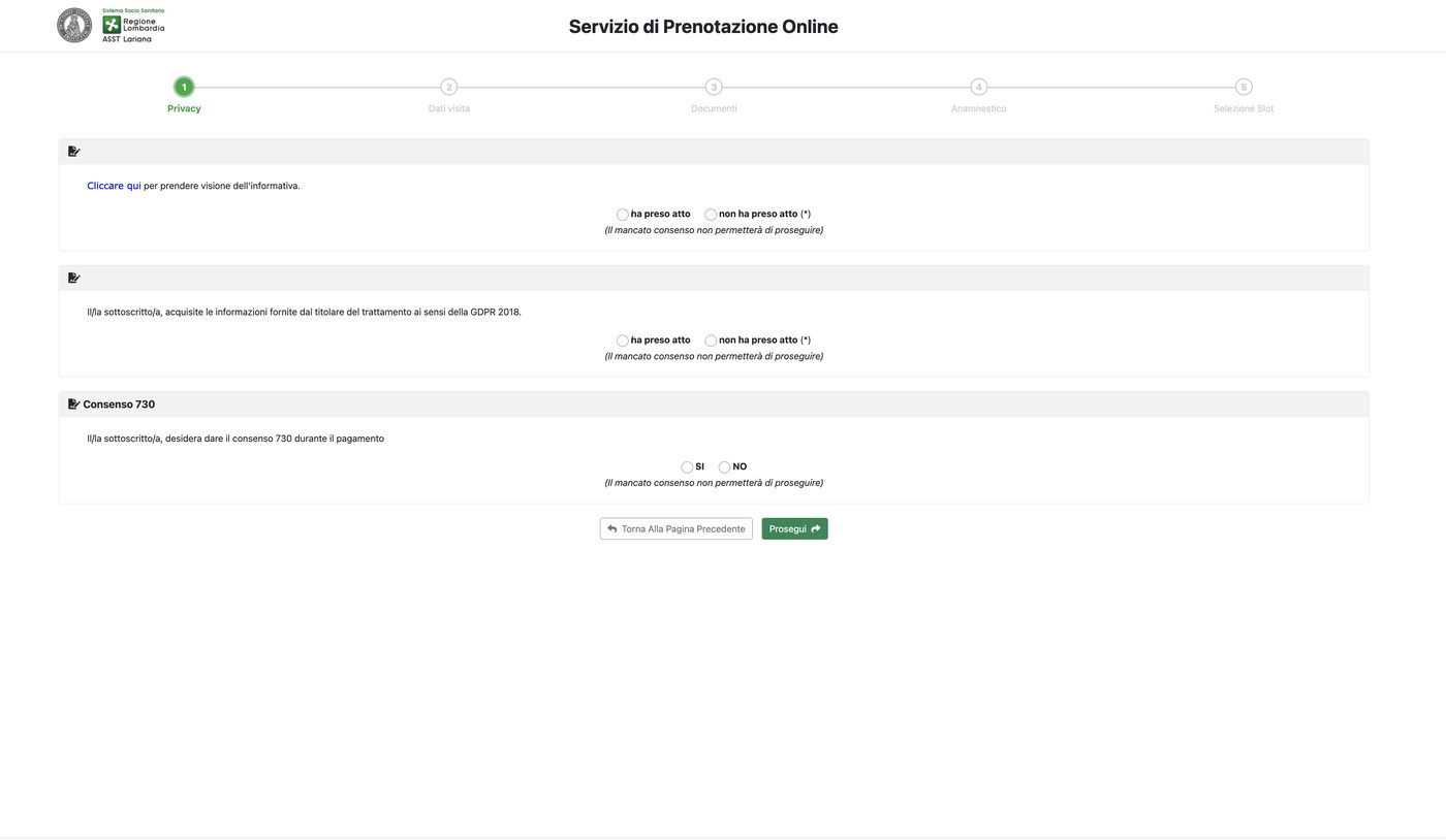 Schermata del passo 1, Privacy: consensi su informativa, GDPR e consenso 730