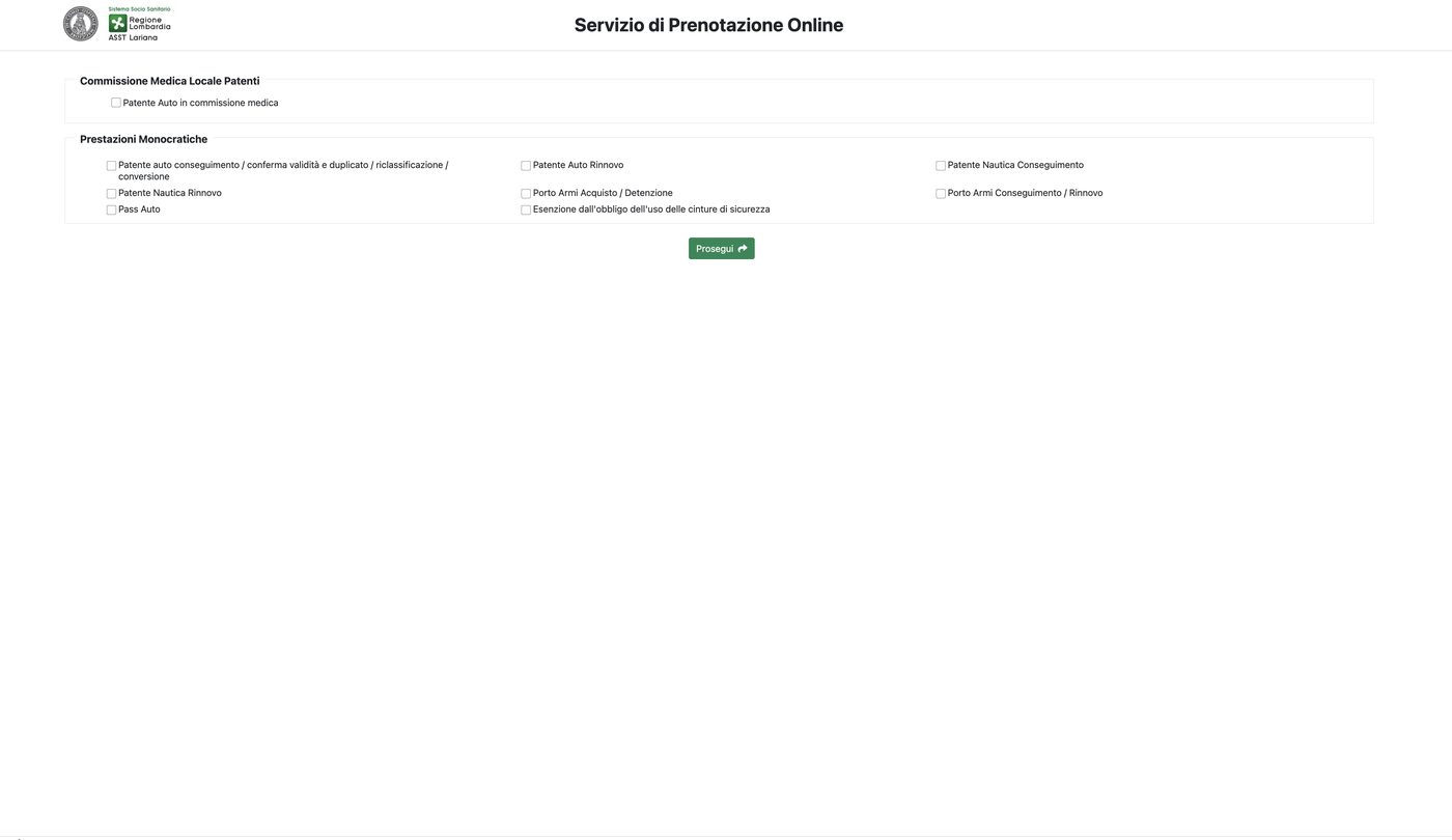 Elenco dei servizi prenotabili con la voce Patente Auto in commissione medica