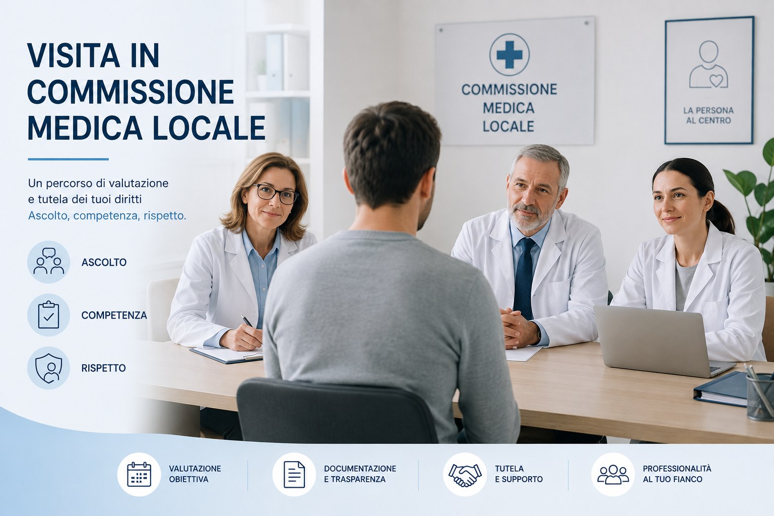 Visita in Commissione Medica Locale: un candidato di fronte a tre medici della commissione durante il colloquio