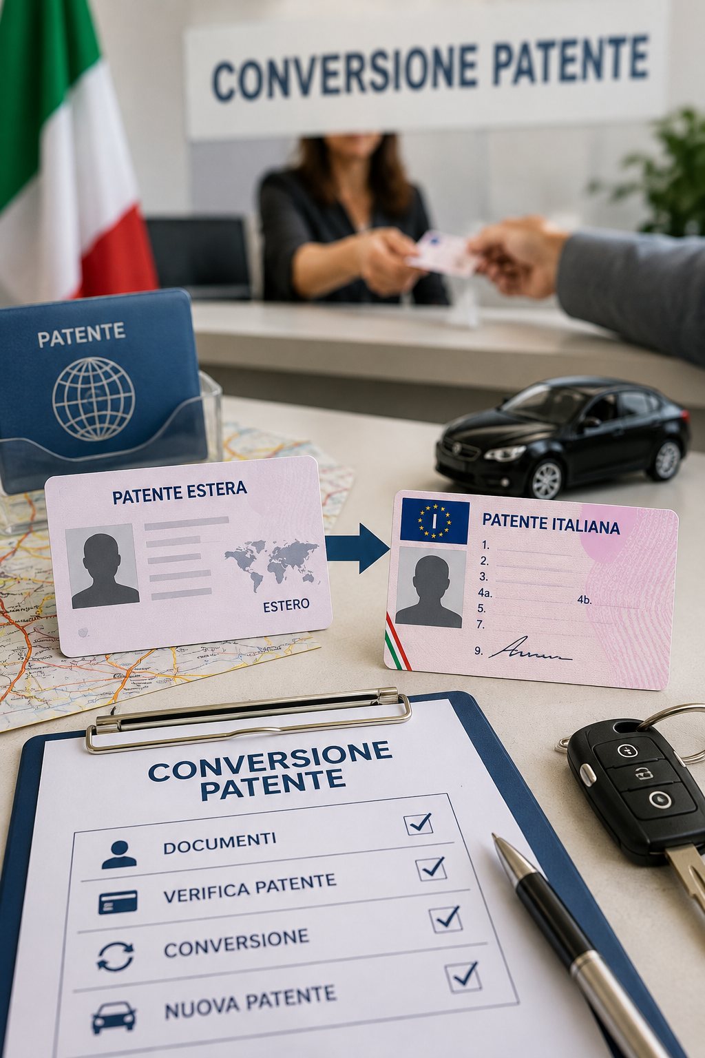 Sportello per la conversione della patente estera in patente italiana, con documenti, chiavi auto e mappa su un tavolo