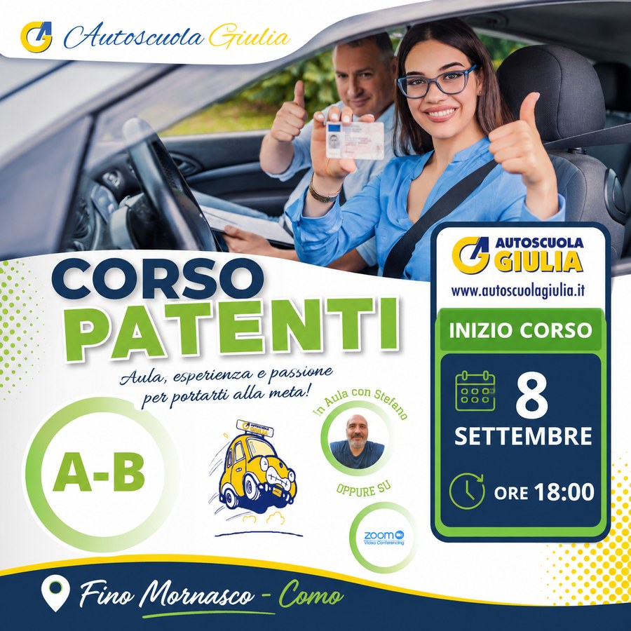 Corso Patenti A-B, inizio corso 8 settembre ore 18:00, in aula con Stefano oppure su Zoom, Fino Mornasco