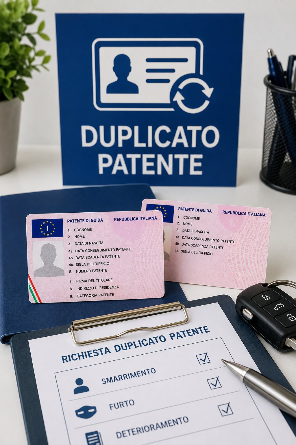 Sportello per la richiesta del duplicato della patente, con documenti e modulo di richiesta per smarrimento, furto e deterioramento