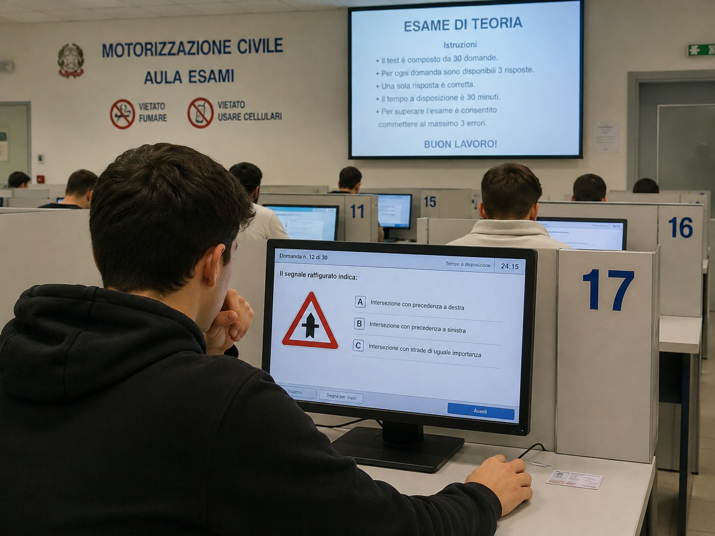 Candidato durante l'esame di teoria in un'aula della Motorizzazione Civile, con le istruzioni del test proiettate sullo schermo