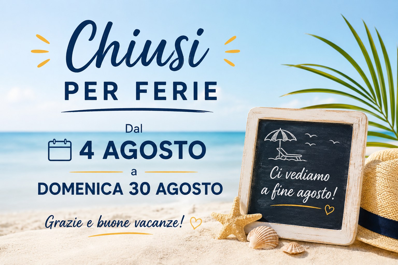 Chiusi per ferie dal 4 al 30 agosto. Ci vediamo a fine agosto, grazie e buone vacanze!