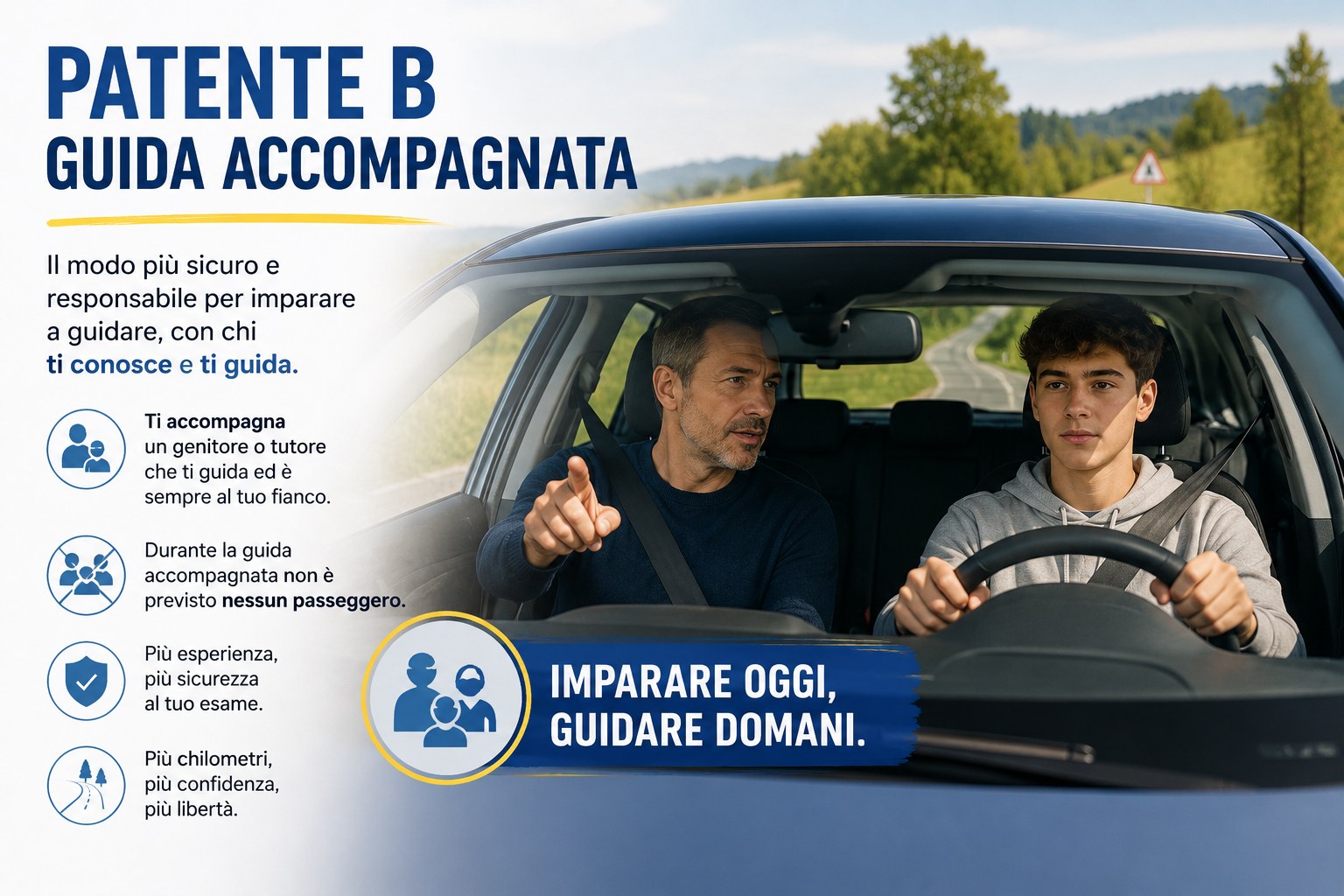 Guida accompagnata patente B: un genitore accompagna il figlio minorenne durante un'esercitazione di guida in auto