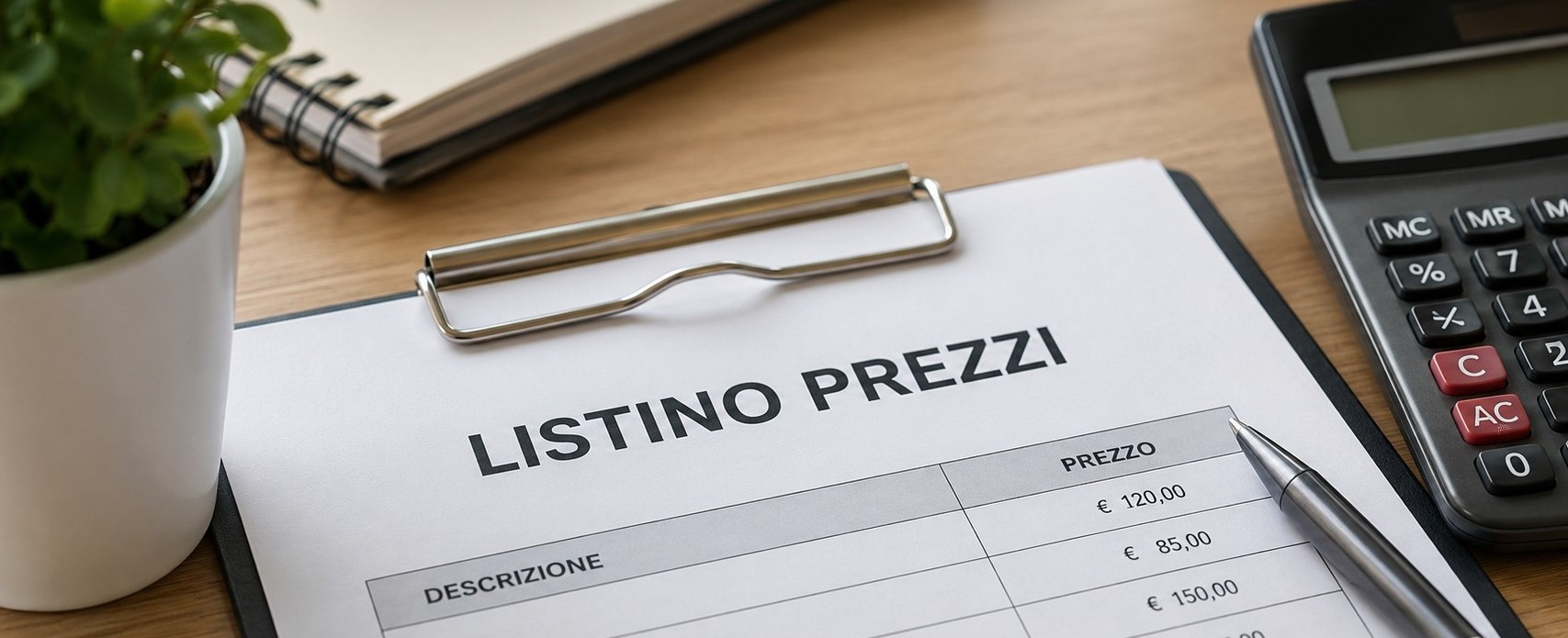 Listino prezzi su una scrivania, con taccuino e pianta