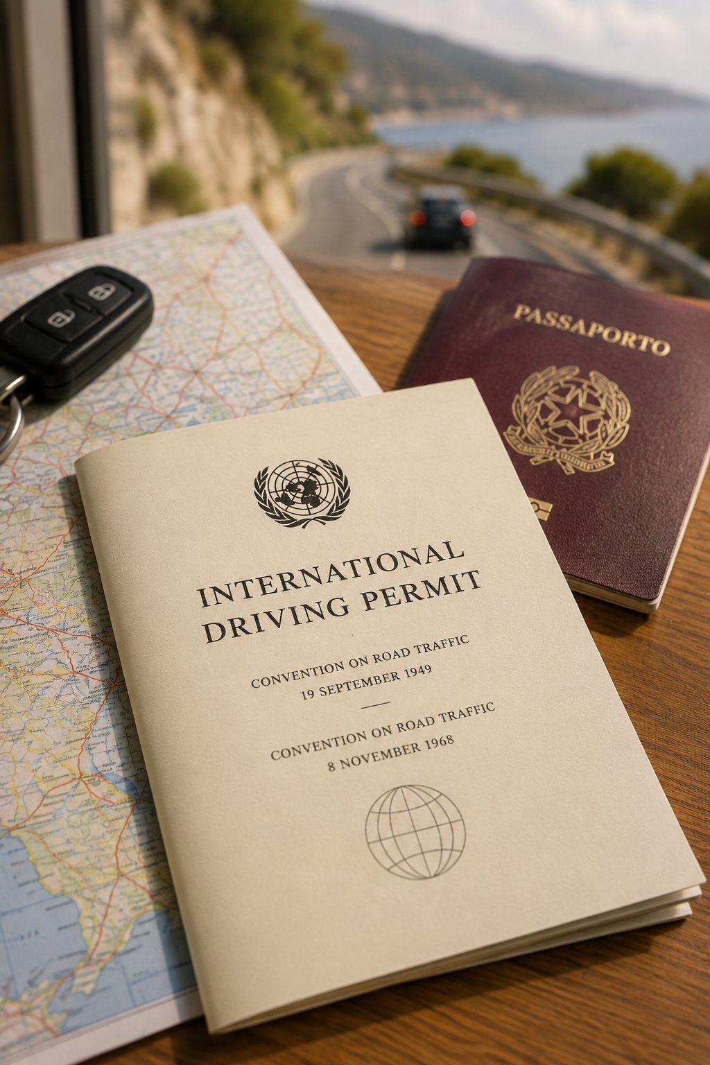 Permesso di guida internazionale, passaporto italiano e mappa stradale su un tavolo, con una strada costiera sullo sfondo