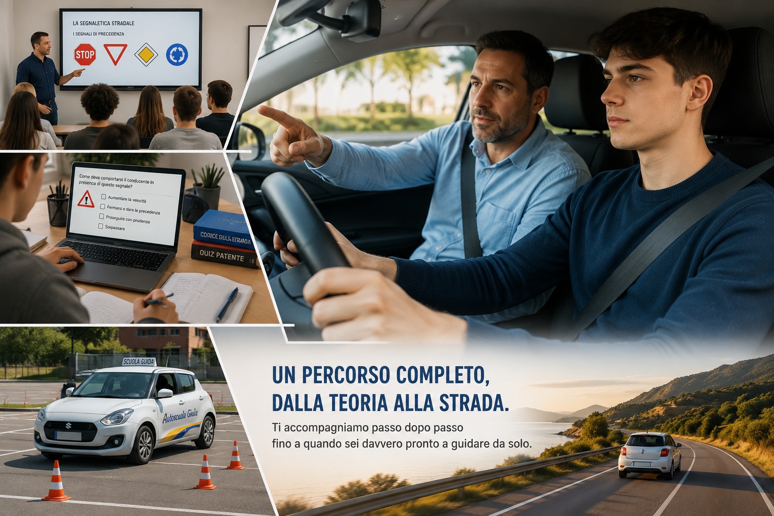 Collage del percorso formativo: lezione di teoria in aula, quiz al computer, guida pratica con l'istruttore, esercitazione in area attrezzata e su strada panoramica