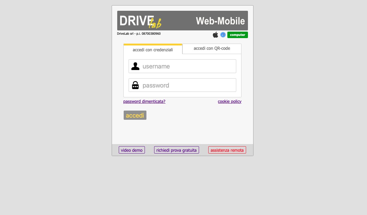 Schermata di accesso del portale Drivelab con campi username e password