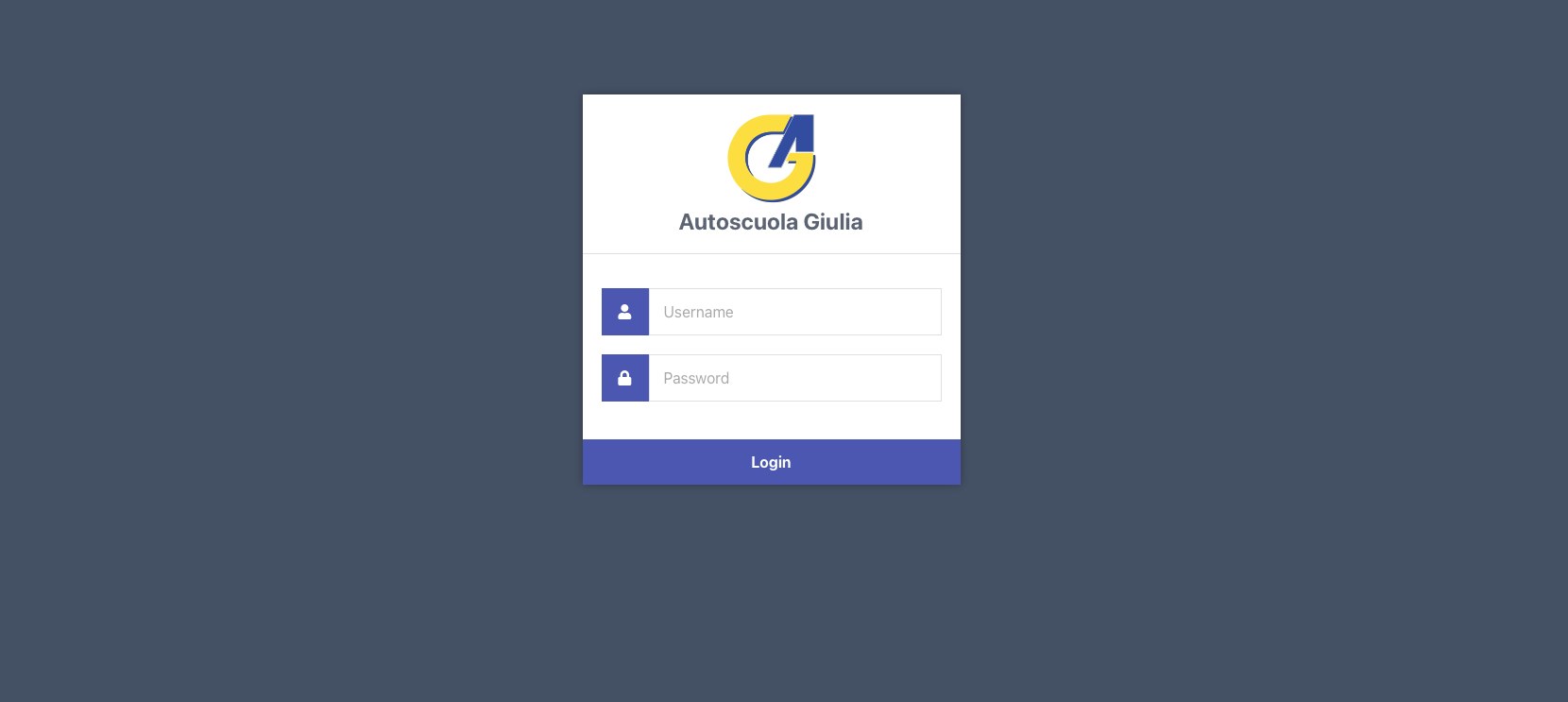 Schermata di accesso del portale autoscuolagiulia.com con campi username e password
