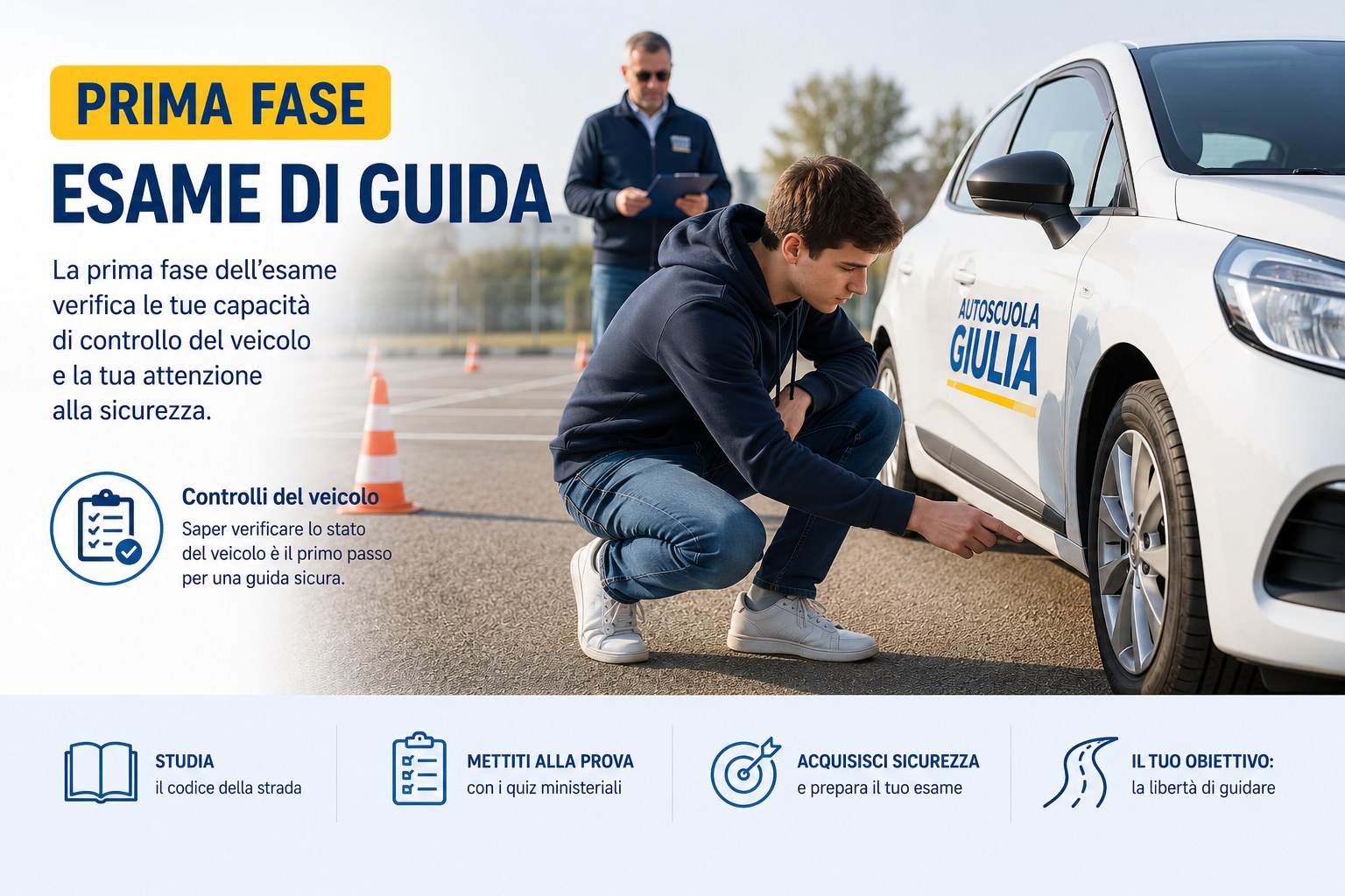Allievo di Autoscuola Giulia inginocchiato accanto all'auto durante la verifica della prima fase dell'esame di guida, con l'esaminatore che osserva con il blocco appunti