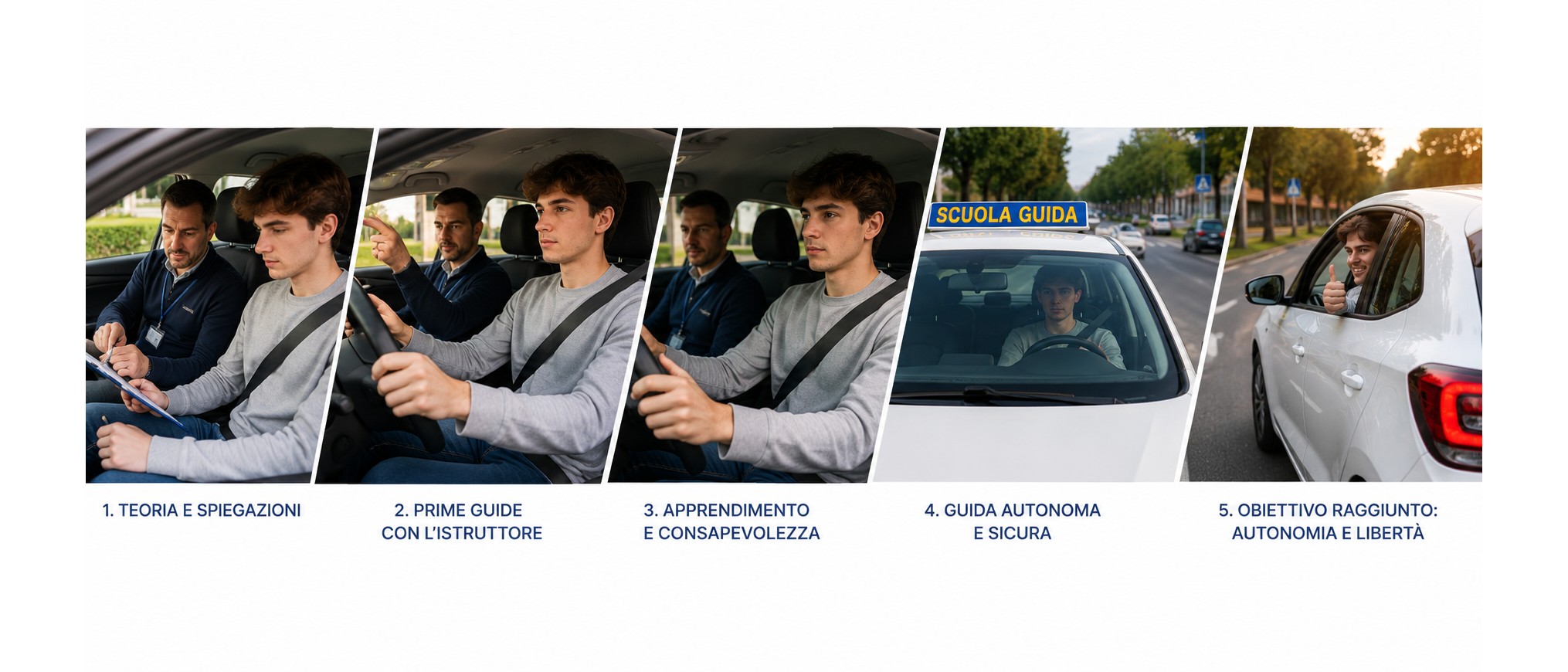 Le 5 fasi della guida: teoria e spiegazioni, prime guide con l'istruttore, apprendimento e consapevolezza, guida autonoma e sicura, obiettivo raggiunto
