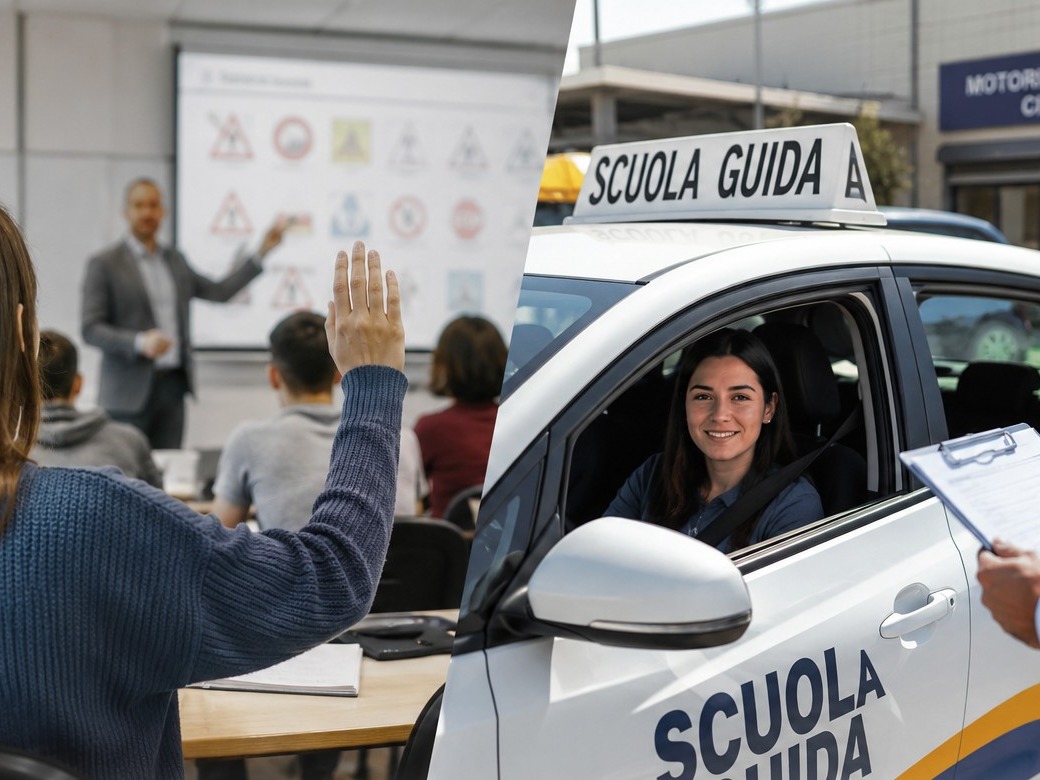 Collage: allievi in aula durante la lezione di teoria e allieva alla guida durante l'esame pratico