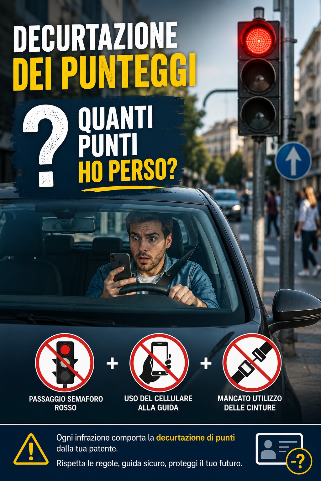 Infografica: quanti punti si perdono per passaggio con semaforo rosso, uso del cellulare alla guida e mancato utilizzo delle cinture