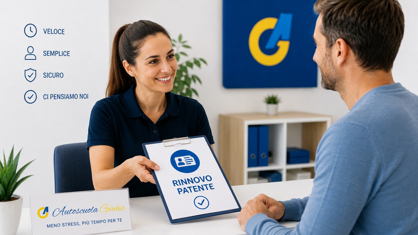 Consegna del rinnovo patente in reception da parte del personale di Autoscuola Giulia