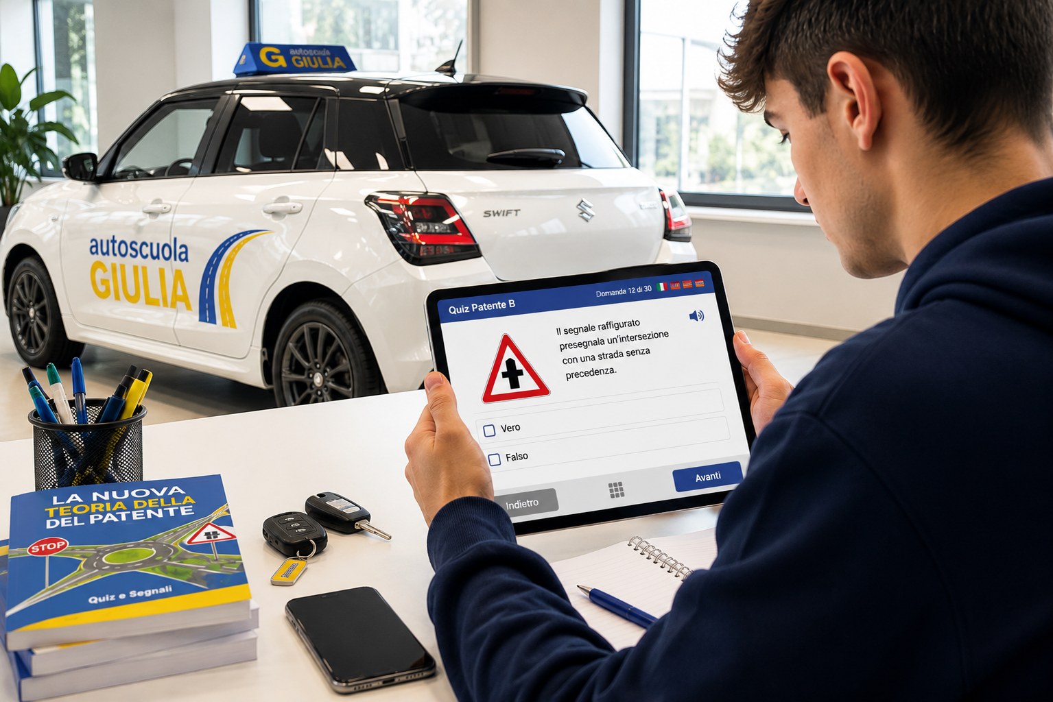 Allievo che si esercita con il quiz di teoria su tablet accanto all'auto di Autoscuola Giulia