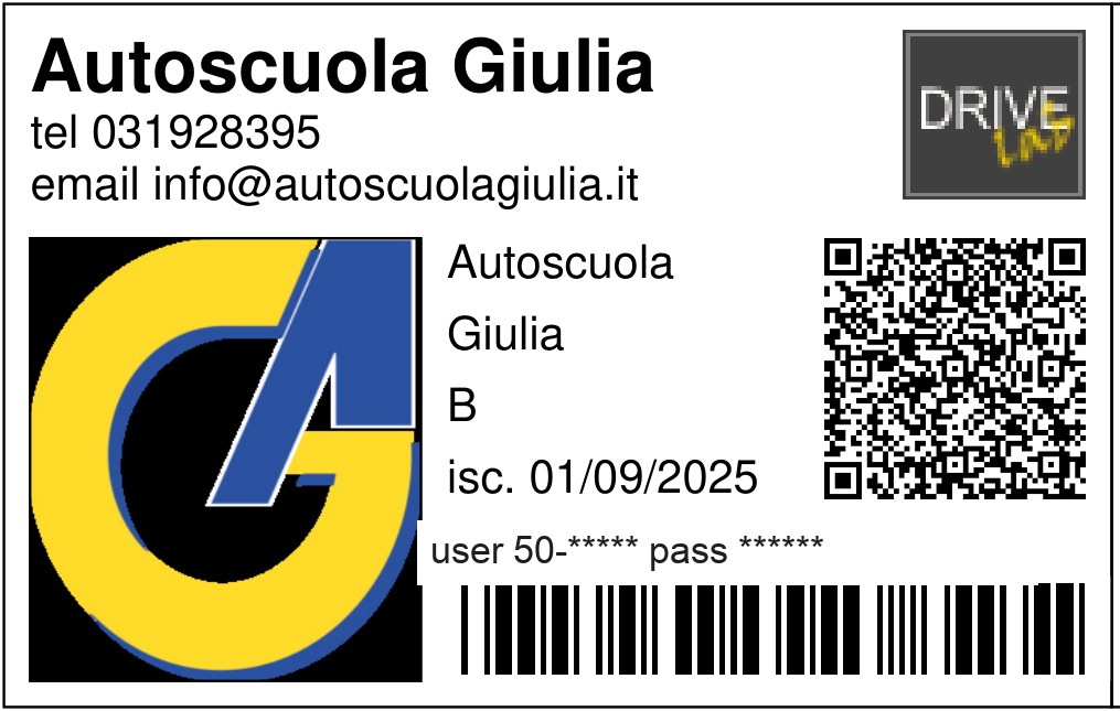 Esempio di tesserino di accesso Drivelab con username e password