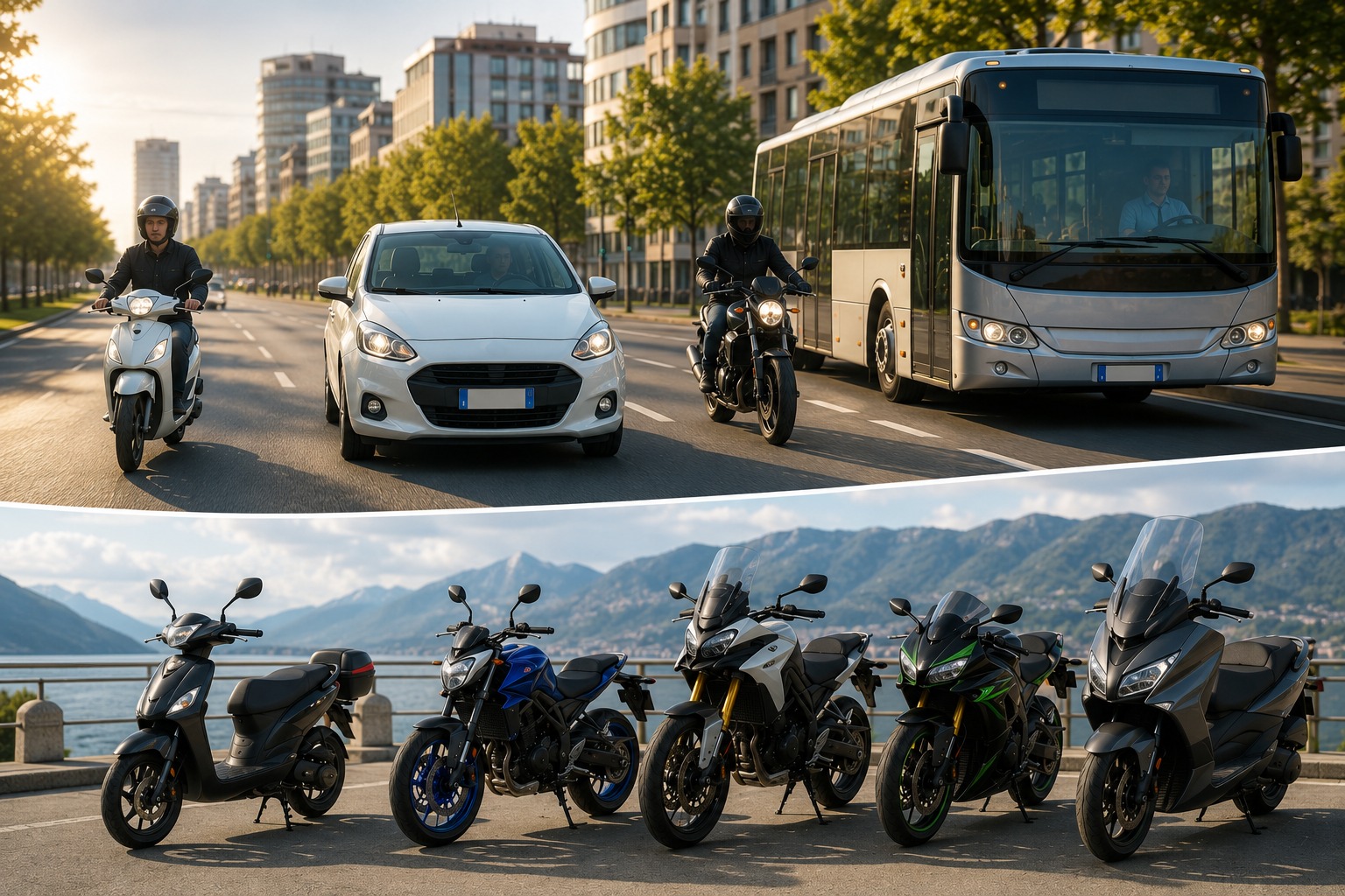 Collage di veicoli guidabili con le diverse categorie di patente: scooter, auto, moto, autobus e una fila di moto e scooter