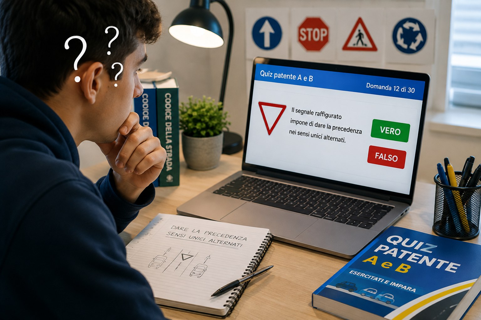 Allievo dubbioso davanti a un quiz vero o falso sul laptop, con i quesiti del codice della strada